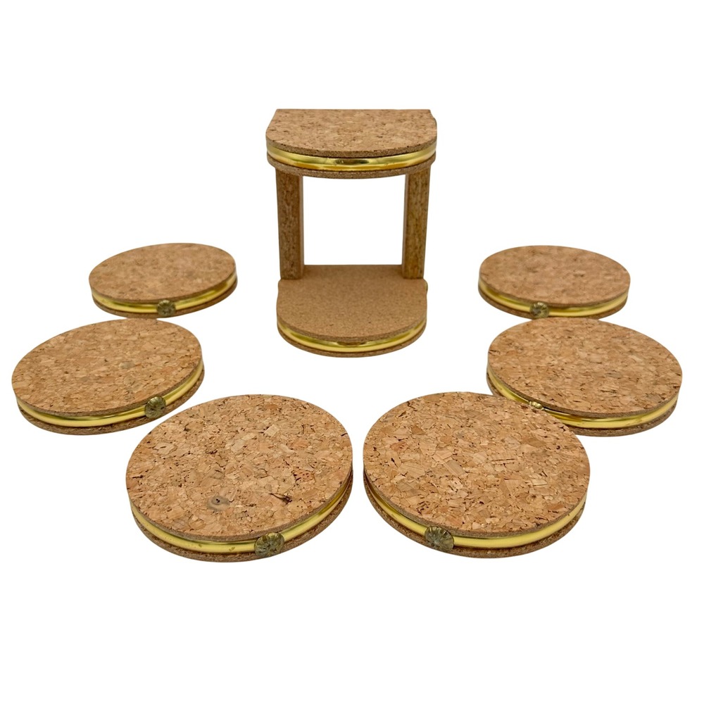 Vintage Coaster Set Mid Century Modern 6pc Cork Brass Gold Retro Barware